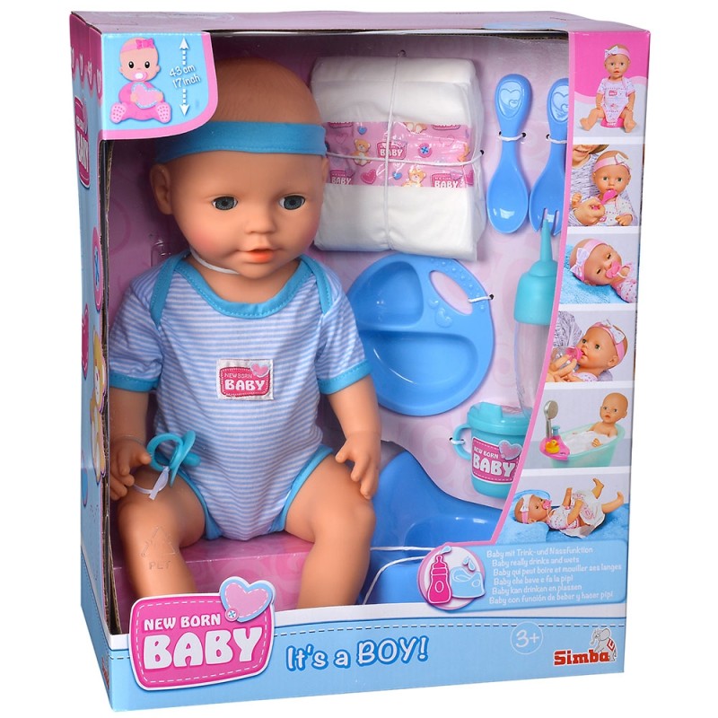 Papusa Simba New Born Baby, Baby Doll 43 cm cu Accesorii (Albastru)