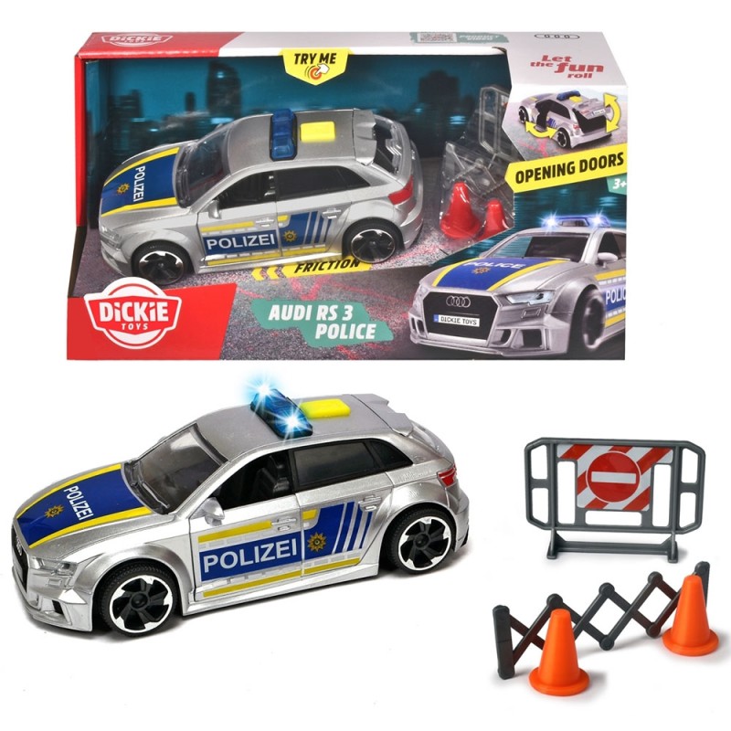 Masina de politie Dickie Toys Audi RS3 1:32 15 cm cu lumini, sunete si accesorii