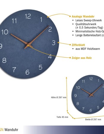 Ceas silentios de precizie din lemn, analog, de perete, design minimalist, albastru