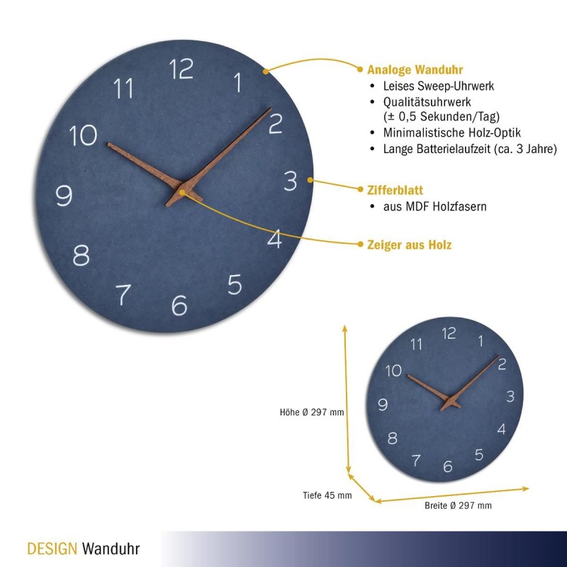 Ceas silentios de precizie din lemn, analog, de perete, design minimalist, albastru
