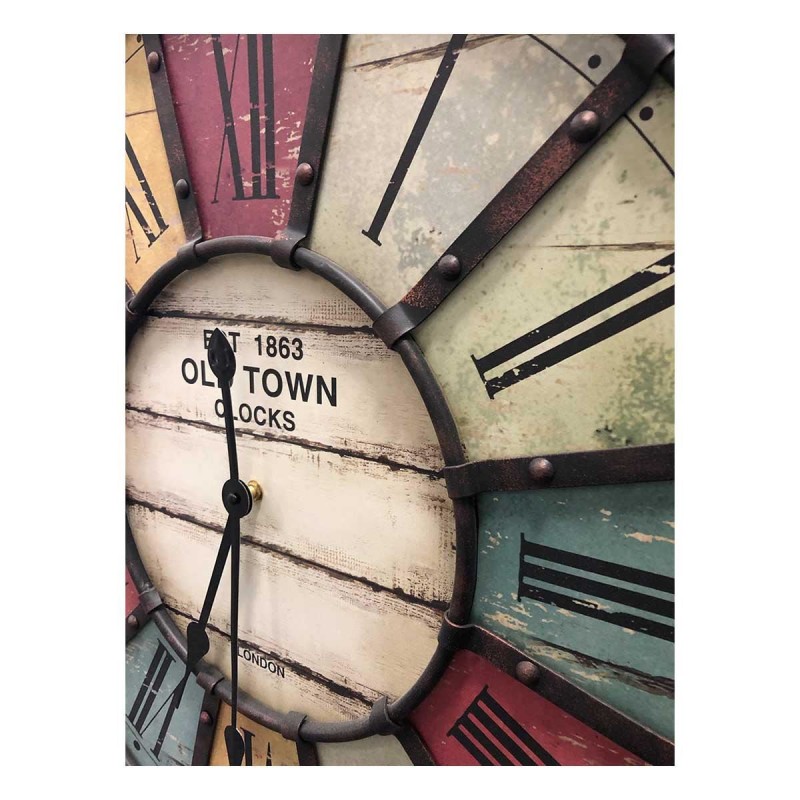Ceas de perete XXL cu aplicatii din metal, analog, design VINTAGE - Old Town Clock, cifre romane, colorat