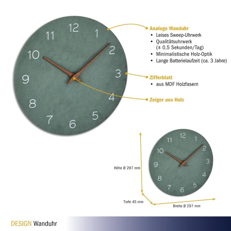 Ceas silentios de precizie din lemn, analog, de perete, design minimalist, verde