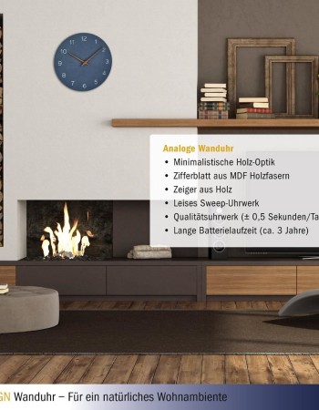 Ceas silentios de precizie din lemn, analog, de perete, design minimalist, albastru