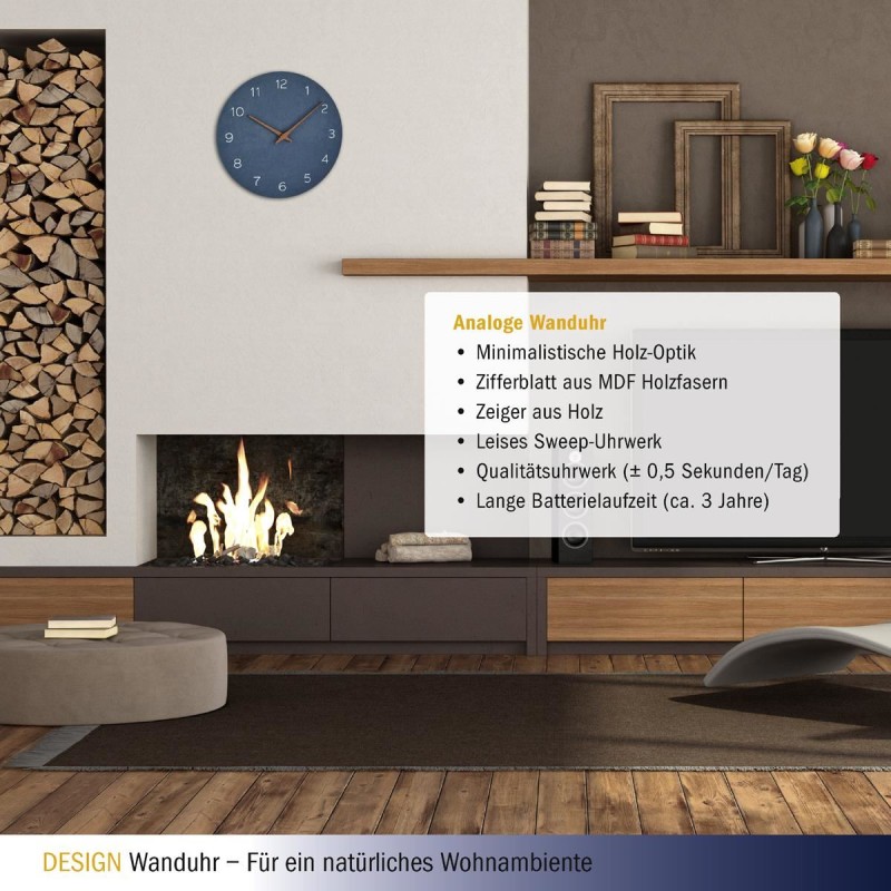 Ceas silentios de precizie din lemn, analog, de perete, design minimalist, albastru