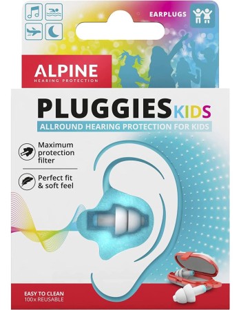 Dopuri de urechi antifonice reutilizabile pentru copii 3-12 ani, transparente, protectie zgomote SNR 25, previn patrunderea apei in ureche, ALPINE Pluggies Kids ALP23541