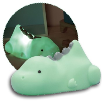 Lampa de veghe si veioza cu LED, lumina reglabila si oprire cronometrata, forma dinozaur, turcoaz, Lumilu Lazy Friends Dino, Reer