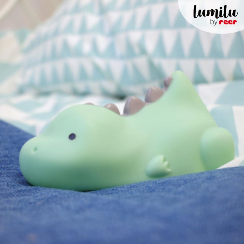 Lampa de veghe si veioza cu LED, lumina reglabila si oprire cronometrata, forma dinozaur, turcoaz, Lumilu Lazy Friends Dino, Reer