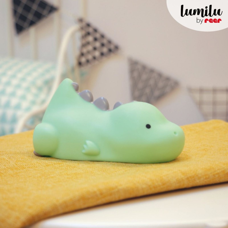 Lampa de veghe si veioza cu LED, lumina reglabila si oprire cronometrata, forma dinozaur, turcoaz, Lumilu Lazy Friends Dino, Reer