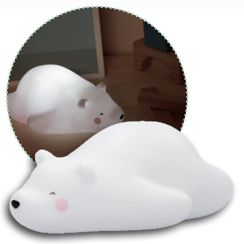 Lampa de veghe si veioza cu LED, lumina reglabila si oprire cronometrata, forma urs polar, alba, Lumilu Lazy Friends Bear, Reer