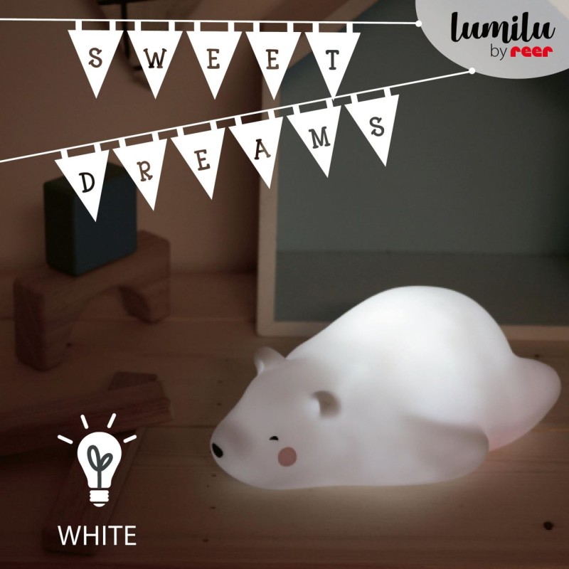 Lampa de veghe si veioza cu LED, lumina reglabila si oprire cronometrata, forma urs polar, alba, Lumilu Lazy Friends Bear, Reer