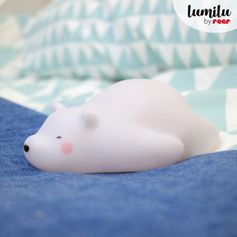Lampa de veghe si veioza cu LED, lumina reglabila si oprire cronometrata, forma urs polar, alba, Lumilu Lazy Friends Bear, Reer