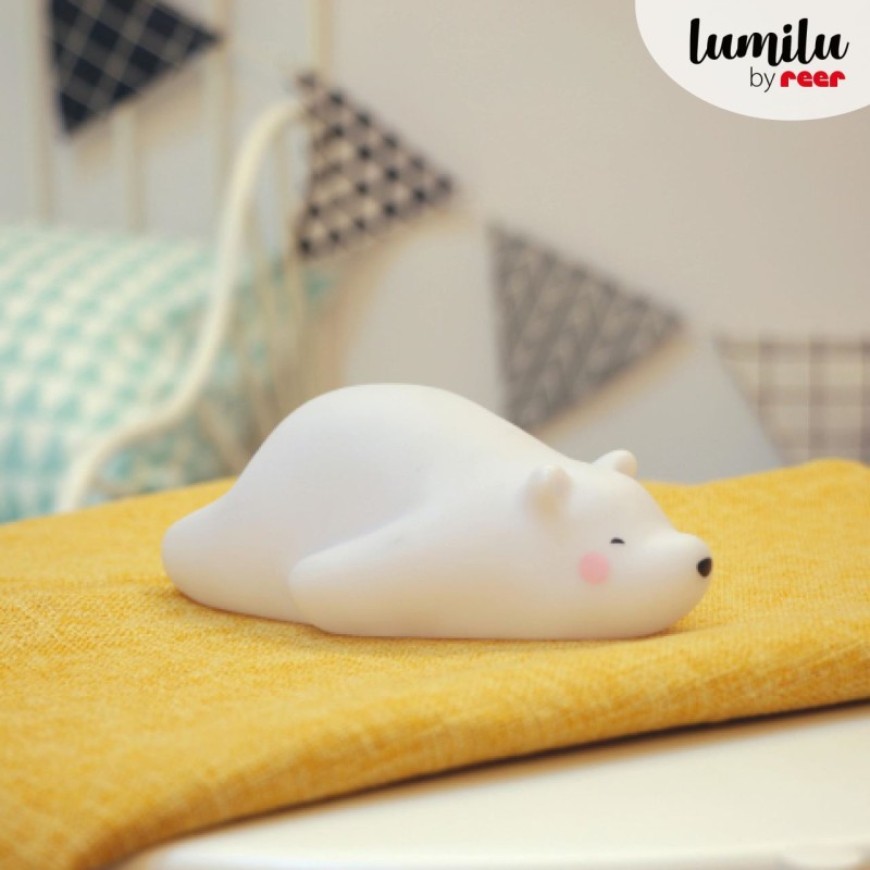 Lampa de veghe si veioza cu LED, lumina reglabila si oprire cronometrata, forma urs polar, alba, Lumilu Lazy Friends Bear, Reer