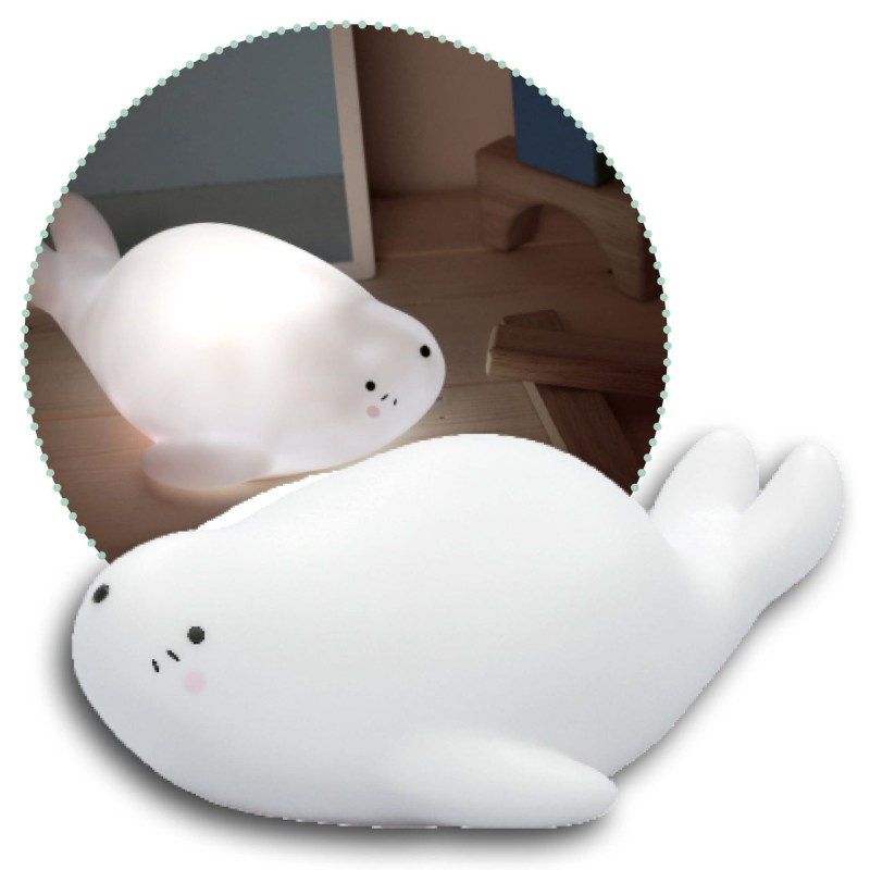 Lampa de veghe si veioza cu LED, lumina reglabila si functie oprire cronometrata, forma foca, alba, Lumilu Lazy Friends Seal, Reer