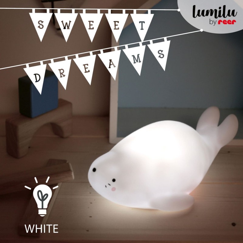 Lampa de veghe si veioza cu LED, lumina reglabila si functie oprire cronometrata, forma foca, alba, Lumilu Lazy Friends Seal, Reer