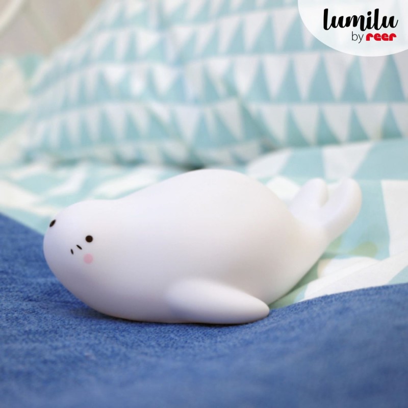 Lampa de veghe si veioza cu LED, lumina reglabila si functie oprire cronometrata, forma foca, alba, Lumilu Lazy Friends Seal, Reer
