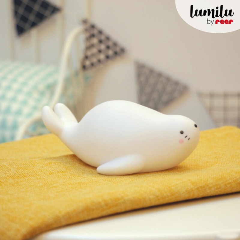 Lampa de veghe si veioza cu LED, lumina reglabila si functie oprire cronometrata, forma foca, alba, Lumilu Lazy Friends Seal, Reer