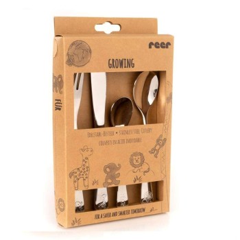Set 4 tacamuri pentru copii, din otel inoxidabil cromat, cu animale, Reer 22238