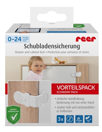 Set 3 sigurante sertare & dulapuri REER 71080 – Blocare tripla, montaj fara gaurire