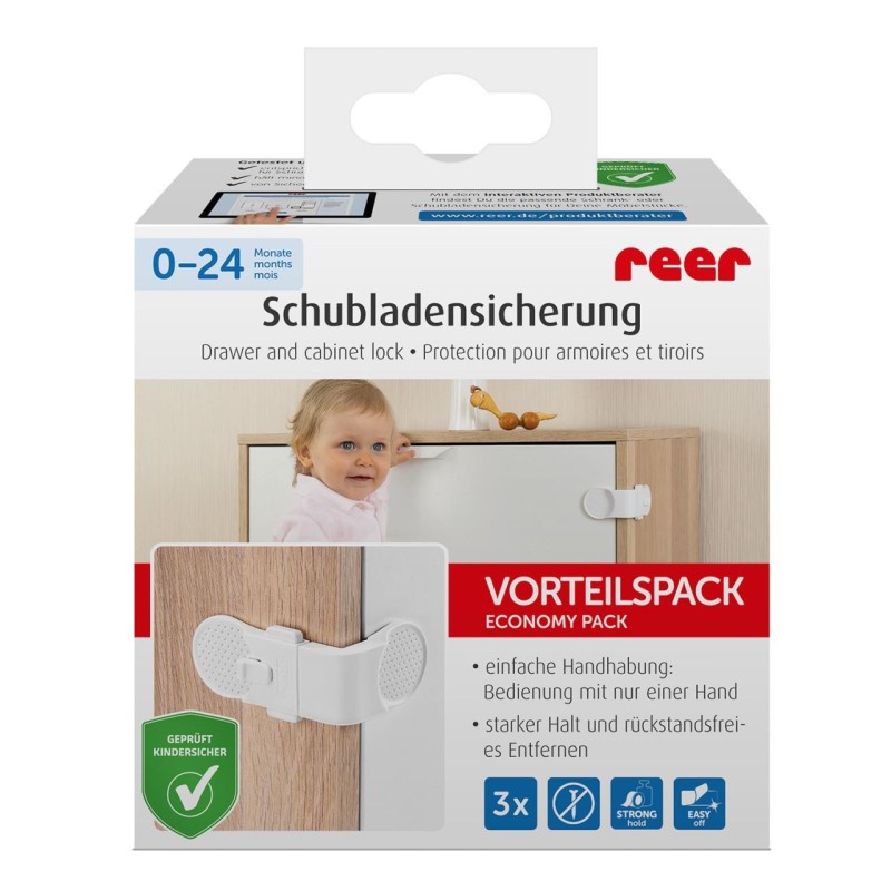 Set 3 sigurante sertare & dulapuri REER 71080 – Blocare tripla, montaj fara gaurire