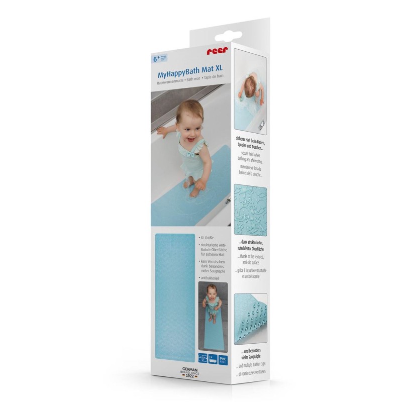 Covoras de baie antialunecare cu ventuze, din cauciuc natural, antibacterian, dreptunghiular, 97 x 36 cm, albastru, MyHappyBath Mat XL, Reer 76033