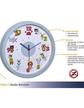 Ceas de perete pentru copii, silentios, cu animale si cifre 3D, TFA Little Animals