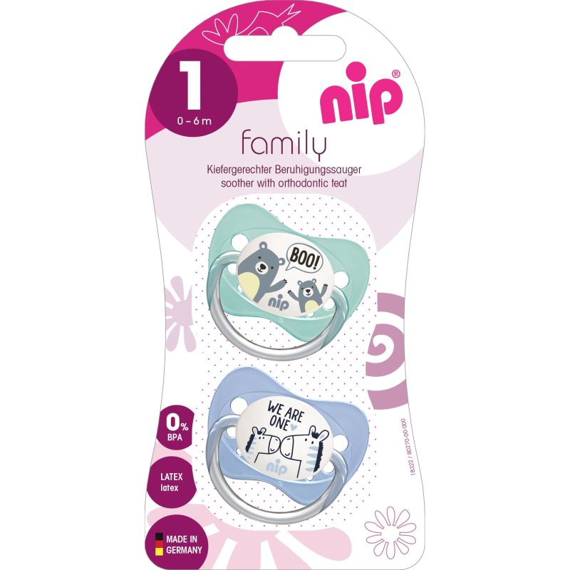 Set 2 suzete Family cu tetina din silicon moale, forma anatomica, tetina ortodontica, cu inel, 0-6 luni, nip 31003