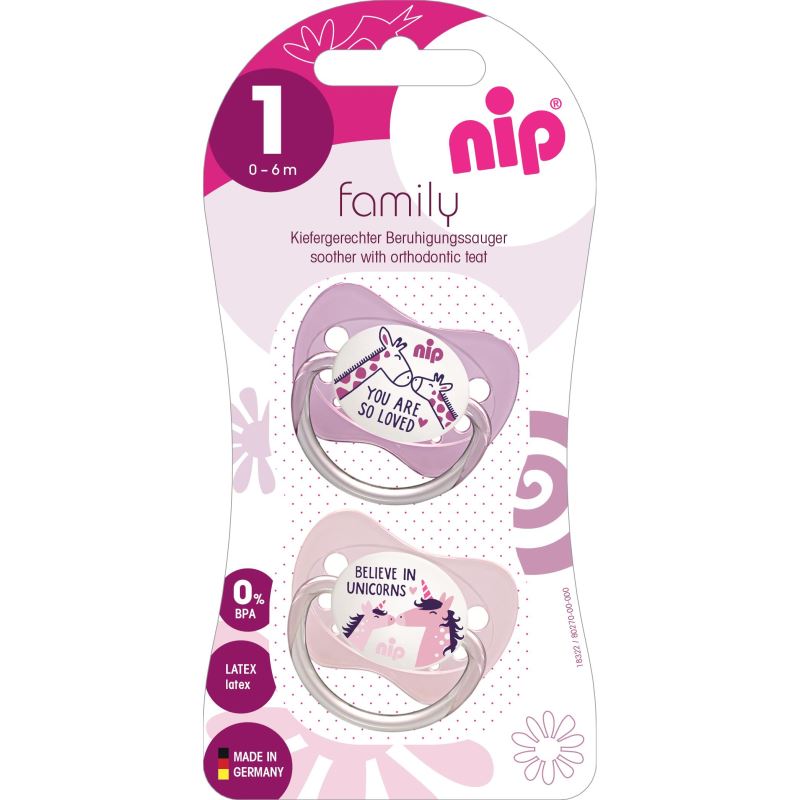 Set 2 suzete Family cu tetina din silicon moale, forma anatomica, tetina ortodontica, cu inel, 0-6 luni, nip 31003