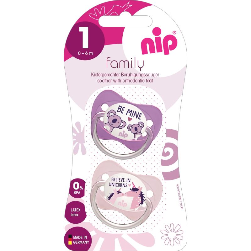 Set 2 suzete Family cu tetina din silicon moale, forma anatomica, tetina ortodontica, cu inel, 0-6 luni, nip 31003