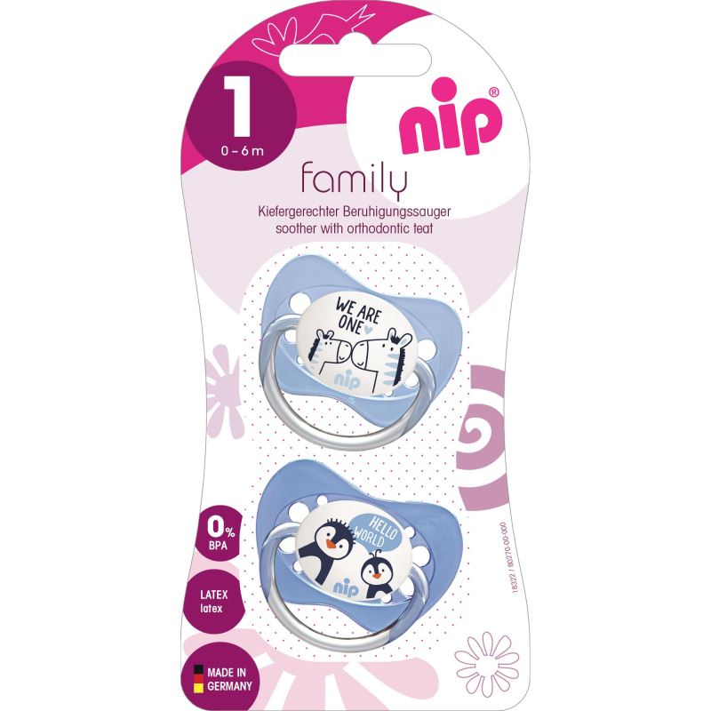 Set 2 suzete Family cu tetina din silicon moale, forma anatomica, tetina ortodontica, cu inel, 0-6 luni, nip 31003