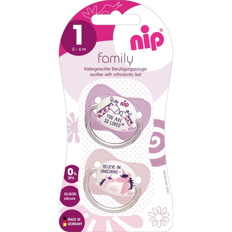 Set 2 suzete Family cu tetina din silicon moale, forma anatomica, tetina ortodontica, cu inel, 0-6 luni, nip 31003