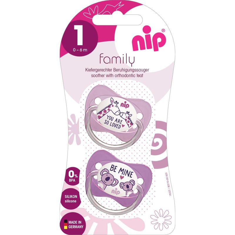 Set 2 suzete Family cu tetina din silicon moale, forma anatomica, tetina ortodontica, cu inel, 0-6 luni, nip 31003