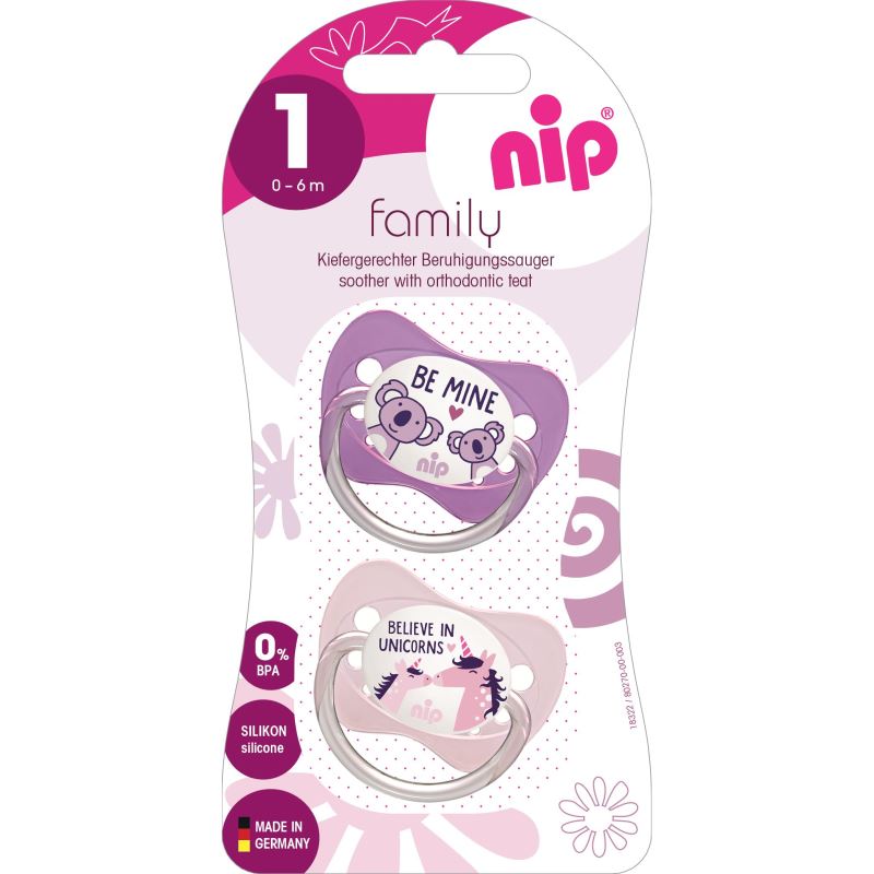 Set 2 suzete Family cu tetina din silicon moale, forma anatomica, tetina ortodontica, cu inel, 0-6 luni, nip 31003