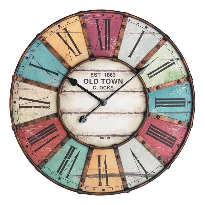 Ceas de perete XXL cu aplicatii din metal, analog, design VINTAGE - Old Town Clock, cifre romane, colorat