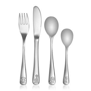 Set 4 tacamuri pentru copii, din otel inoxidabil cromat, cu animale, Reer 22238