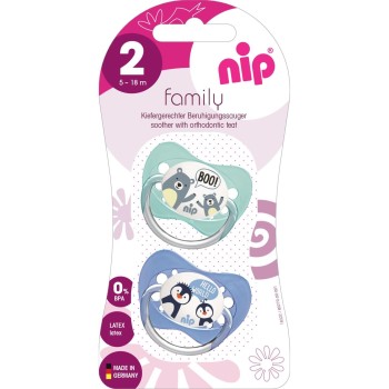 Set 2 suzete Family cu tetina din latex natural, forma anatomica, tetina ortodontica, cu inel, 5-18 luni