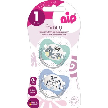 Set 2 suzete Family cu tetina din silicon moale, forma anatomica, tetina ortodontica, cu inel, 0-6 luni, nip 31003