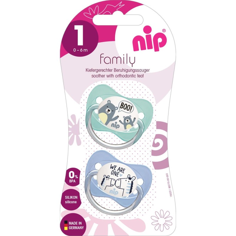 Set 2 suzete Family cu tetina din silicon moale, forma anatomica, tetina ortodontica, cu inel, 0-6 luni, nip 31003